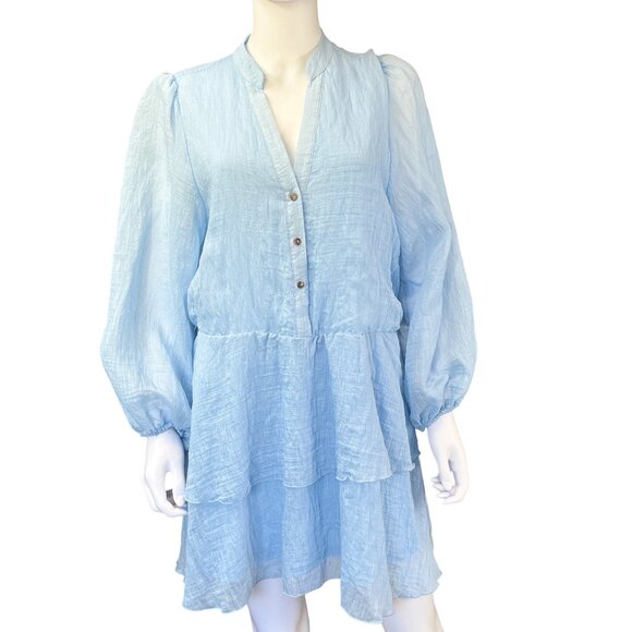 Zara Dress Womens L Blue Viscose Tiered Long Sleeve Mini - Picture 1 of 9